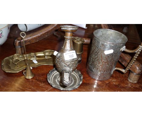 Persian silvered copper spirit lamp and a similar tankard. Together with a brass miniature souvenir miner's lamp, candle snuf