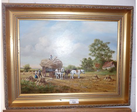 Acrylic on board of haymaking with horses, carts and figures by R. Hicks