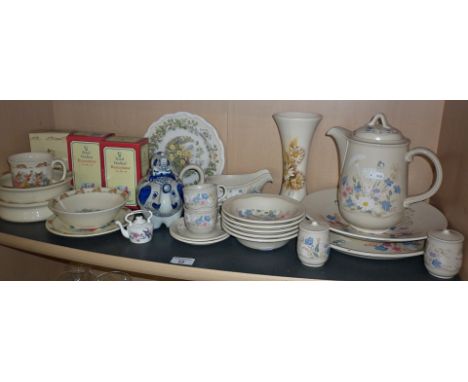 Royal Doulton Bunnykins china bowls, plate and cups, three figure, and Poole Pottery "Springtime" dinner and tea ware 