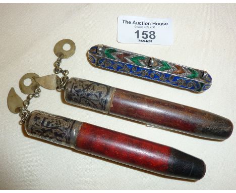 Middle Eastern/Ottoman Esther scroll or amulet cases. Two wooden with Niello enamel silver tops, the other finely enamelled s