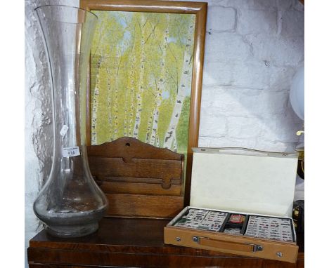 Large glass lamp, letter rack, carved wooden box and vintage Mah Jong set 