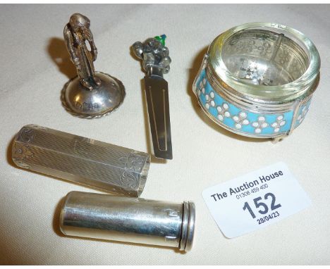 Miniature Russian silver Judaica figure, fully hallmarked 925 silver lipstick case, white metal elephant bookmark and Cloison