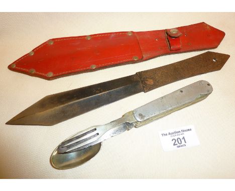 Vintage German Black Mamba throwing knife in red leather scabbard, together with a military type campaign cutlery set (PLEASE