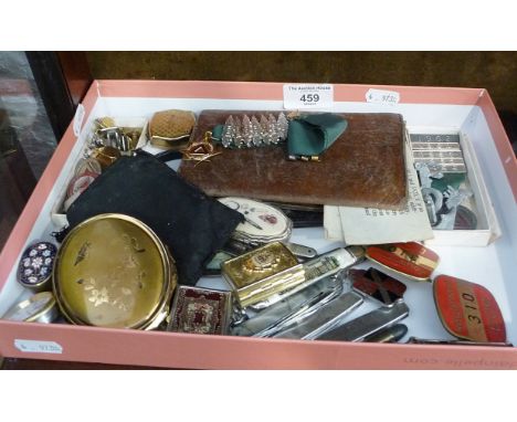 Miscellaneous items, inc. penknives, enamel badges, compact, boxes and old metal Monopoly counters, etc. 