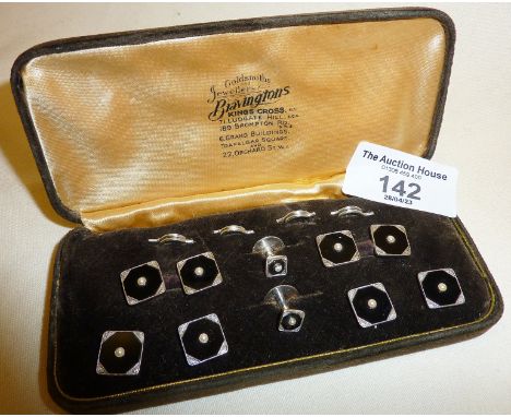 9ct white gold and black enamel cased gent's stud, cufflink and button set - each with seed pearl, in the Art Deco style 