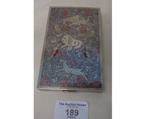 White metal and enamel Indo-Persian engraved cigarette or card case. Decorated with lions, tigers, deer and birds