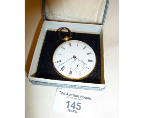 18ct gold cased pocket watch, enamel face marked as JACOT A GENEVE. Total weight inc. glass and movement 60g. 