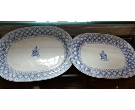 Two large late Spode armorial blue and white meat platters, some chips 