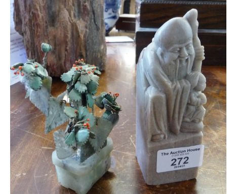 Chinese chop seal and a Chinese jade tree with malachite flowers on green jade base 