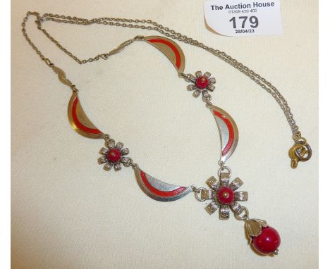 Art Deco machine age chrome, enamel and red glass necklace, Jakob Bengel or similar, c. 1920s/1930s 
