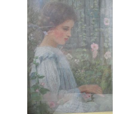 British School, early 20th century - a half length portrait of a girl picking flowers in front of a window, pastel, 68cm x 53
