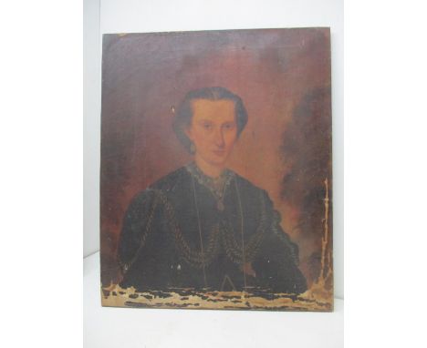 Mid 19th century British School - a head and shoulder portrait of a woman in a black dress and gold jewellery, oil on canvas 