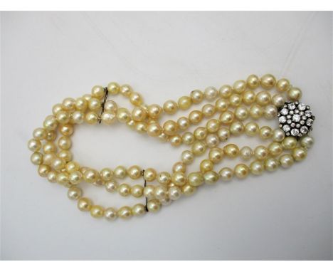 A three strand pearl necklace with a silver clasp set with white sapphires, boxed 