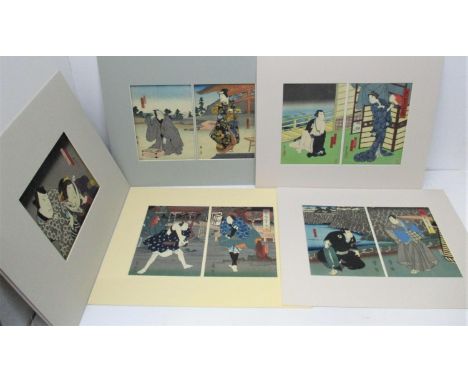 A collection of four Japanese woodblock diptych prints, to include works from the Osaka schools (Sadahiro, Yoshitaki) and one