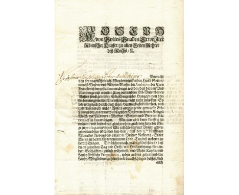 JOSEPH I: (1678-1711) Holy Roman Emperor 1705-11. A good, scarce D.S., Joseph, as Holy Roman Emperor, two pages, small folio,