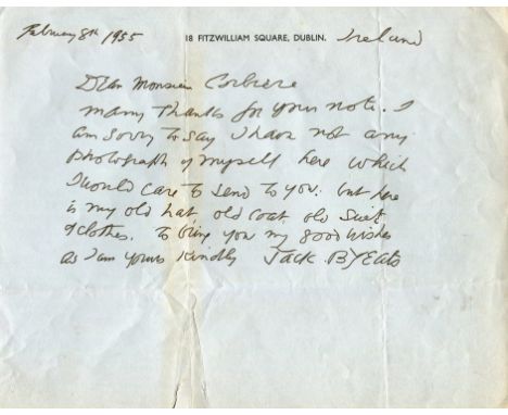 YEATS JACK BUTLER: (1871-1957) Irish Artist, brother of W. B. Yeats. A.L.S., Jack B Yeats, one page, oblong 4to, Fitzwilliam 