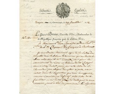 BRUNE GUILLAUME MARIE ANNE: (1763-1815) Marshal of France. A good L.S., `Brune´, two pages, 4to, Terapia, close to Constantin