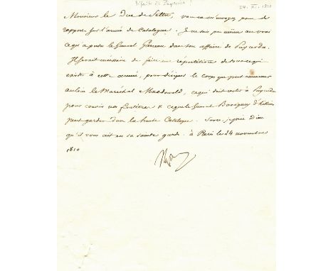 NAPOLEON I: (1769-1821) Emperor of France 1804-14, 1815. L.S. `Nap´, one page (all edges gilt), 4to, Paris, 24th November 181