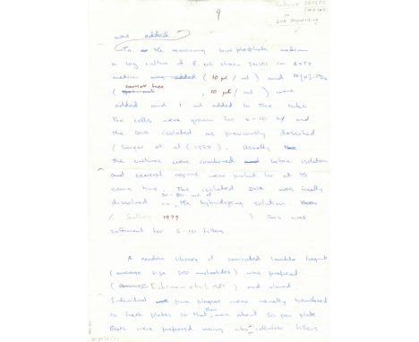 SANGER FREDERICK: (1918-2013) British Biochemist, Nobel Prize winner for Chemistry in 1958 &amp; 1980. Autograph Manuscript, 