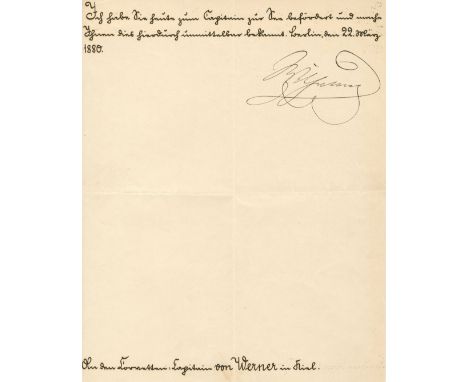 WILHELM I: (1797-1888) King of Prussia 1861-88 and the first German Emperor 1871-88. D.S., Wilhelm, one page, large 4to, Berl
