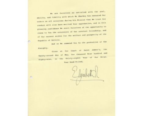 ELIZABETH II: (1926- ) Queen of the United Kingdom 1952- . D.S., Elizabeth R, as Queen, at the conclusion, two pages, 4to, Co