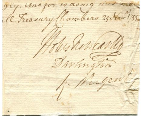 NEWCASTLE DUKE OF: (1693-1768) British Prime Minister 1754-56, 1757-62. Ink signature ('Holles Newcastle') on a 12mo piece cl