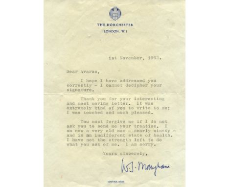 MAUGHAM W. SOMERSET: (1874-1965) English Novelist and Playwright. T.L.S., W. S. Maugham, one page, 8vo, London, 1st November 