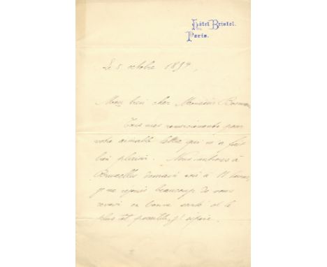 ALBERT I OF BELGIUM: (1875-1934) King of the Belgians 1909-1934. A good A.L.S., `Albert´, two pages, 8vo, Paris, 5th October 