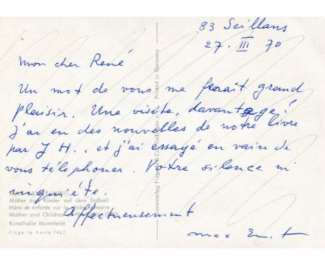 ERNST MAX: (1891-1976) German-born, further American and French Painter and Sculptor. A short and clean A.L.S., Max Ernst, on