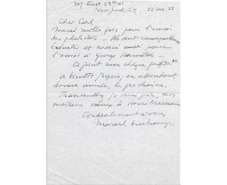 DUCHAMP MARCEL: (1887-1968) French-born American Painter, Writer and Chess Player. Rare A.L.S., Marcel Duchamp, one page, 4to