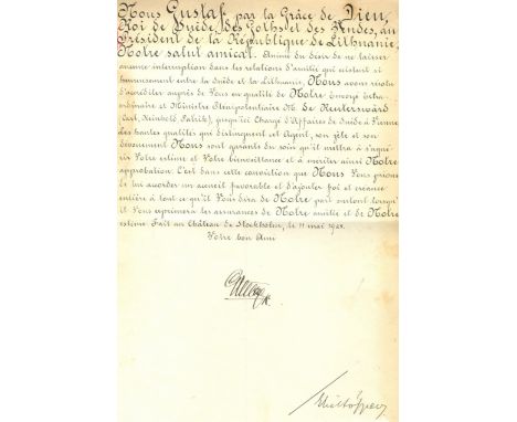 GUSTAF V: (1858-1950) King of Sweden 1907-50. D.S., Gustaf R, as King, one page, folio, Stockholm Palace, 11th May 1928, in F