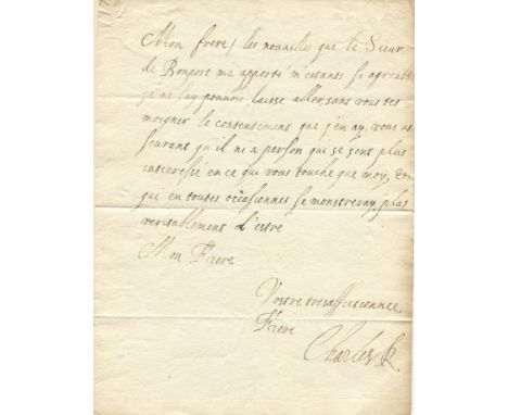 CHARLES I: (1600-1649) King of England, Scotland & Ireland 1625-49. A fine, rare A.L.S., Charles R, one page, 8vo, n.p., n.d.