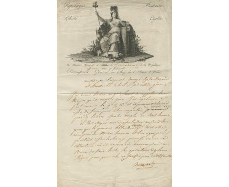 NAPOLEON I: (1769-1821) Emperor of France 1804-14, 1815. A good L.S., `Bonaparte´, a good example signature, one page, large 