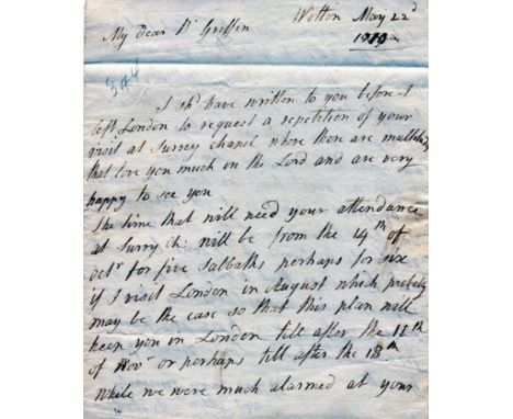 HILL ROWLAND: (1744-1833) English Preacher, an influential advocate of smallpox vaccination. A.L.S., R Hill, two pages, small