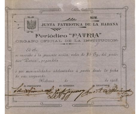 BETANCOURT SALVADOR CISNEROS: (1828-1914) Marquis of Santa Lucia. President of the republic of Cuba 1873-75. Rare D.S., Salva