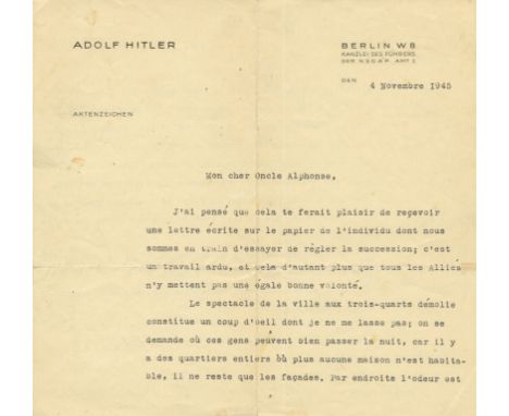 [HITLER ADOLF]: (1889-1945) Fuhrer of the Third Reich 1934-45. A very unusual and interesting T.L.S., by Commandant A.M. Scha