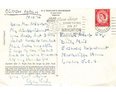 NASH OGDEN: (1902-1971) American Poet. A.L.S., Ogden Nash, to one side of a colour picture postcard featuring an illustration
