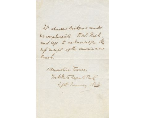 DICKENS CHARLES: (1812-1870) English Novelist. A.L.S., `Mr Charles Dickens´, in the third person to the heading, one page, 8v
