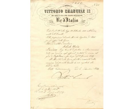 VITTORIO EMANUELE II: (1820-1878) King of Italy 1861-78. D.S., Vittorio Emanuele, as King, one page, folio, Valsavarenche, 6t