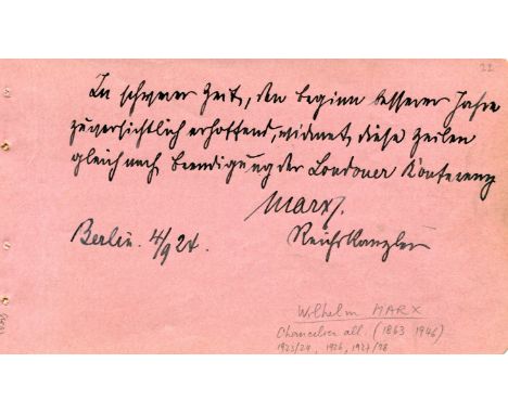 MARX WILHELM: (1863-1946) German Chancellor 1923-25 & 26-28. Marx also served as President of Prussia during the Weimar Repub