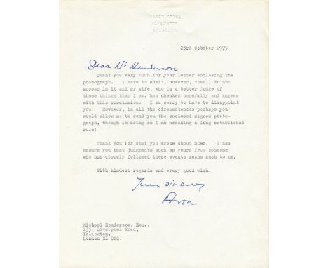 EDEN ANTHONY: (1897-1977) British Prime Minister 1955-57. T.L.S., Avon, with holograph salutation and subscription, one page,