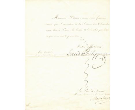 LOUIS PHILIPPE I: (1773-1850) King of France 1830-48. L.S., Louis Philippe D, one page, 4to, Tuileries Palace, Paris, 27th No