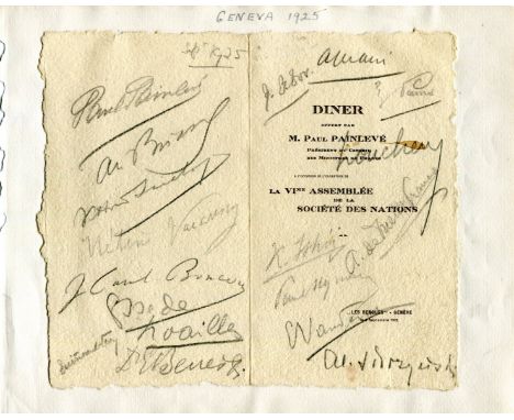 LEAGUE OF NATIONS: A printed 8vo menu for a dinner hosted by French Prime Minister Paul Painleve on the occasion of the openi