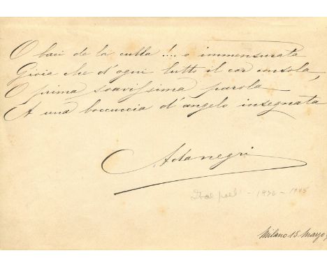 NEGRI ADA: (1870-1945) Italian Poet &amp; Writer. Autograph verse signed, Ada Negri, on an oblong 8vo page removed from an au