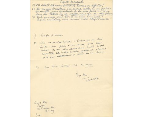 RAO RAJA: (1908-2006) Indian Writer. One of the most internationally awarded Indian writers. An excellent autograph signed th