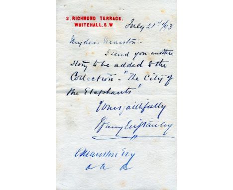 STANLEY HENRY M: (1841-1904) British Journalist and Explorer. A brief A.L.S., Henry M Stanley, one page, 8vo, Richmond Terrac