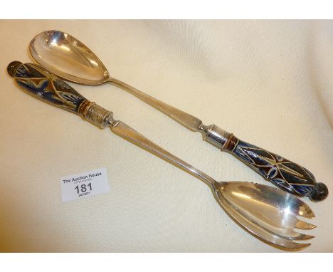 Pair of silver-plated salad servers with Doulton Lambeth ceramic handles