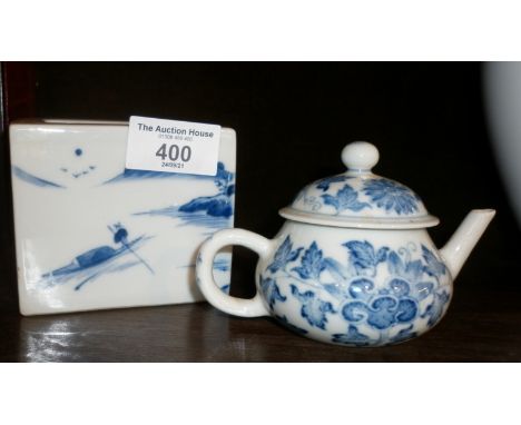 Chinese blue and white porcelain brush washer, 9cm square. Together with a Chinese Guang Xu blue and white teapot