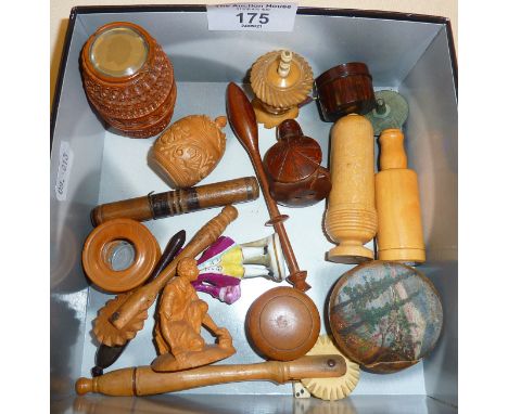 Treen domestic ware, inc. pastry cutters, dice shaker, boxes, needle case and a figural netsuke