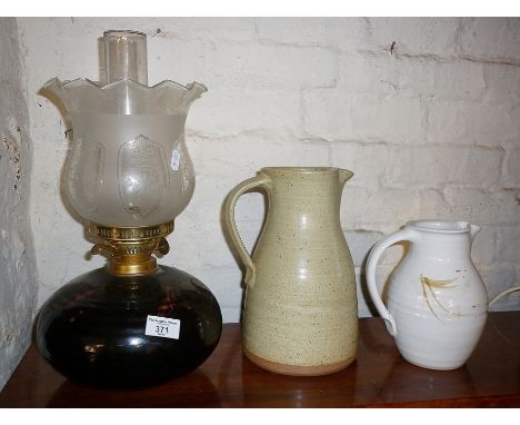 Studio pottery oil lamp and two jugs by Russell Collins of Hooknorton Pottery